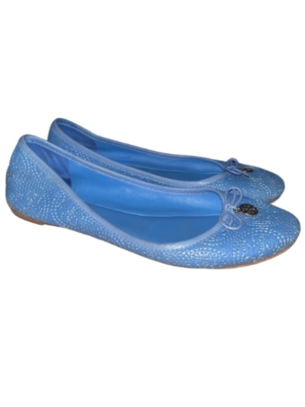 Tory Burch Chelsea Ballet Flats Ocean Blue Pebbled Leather Bow Logo Charm 7.5M - Picture 2 of 8